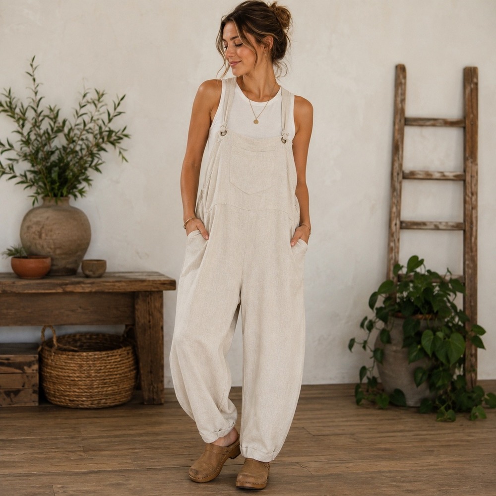 Very J Womens Linen Blend Overalls Oatmeal Beige Bib Pocket Jumpsuit Small